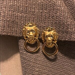 Vintage Kenneth Jay Lane Gold Lion Door Knocker Clip Earrings Rhinestone Eyes.